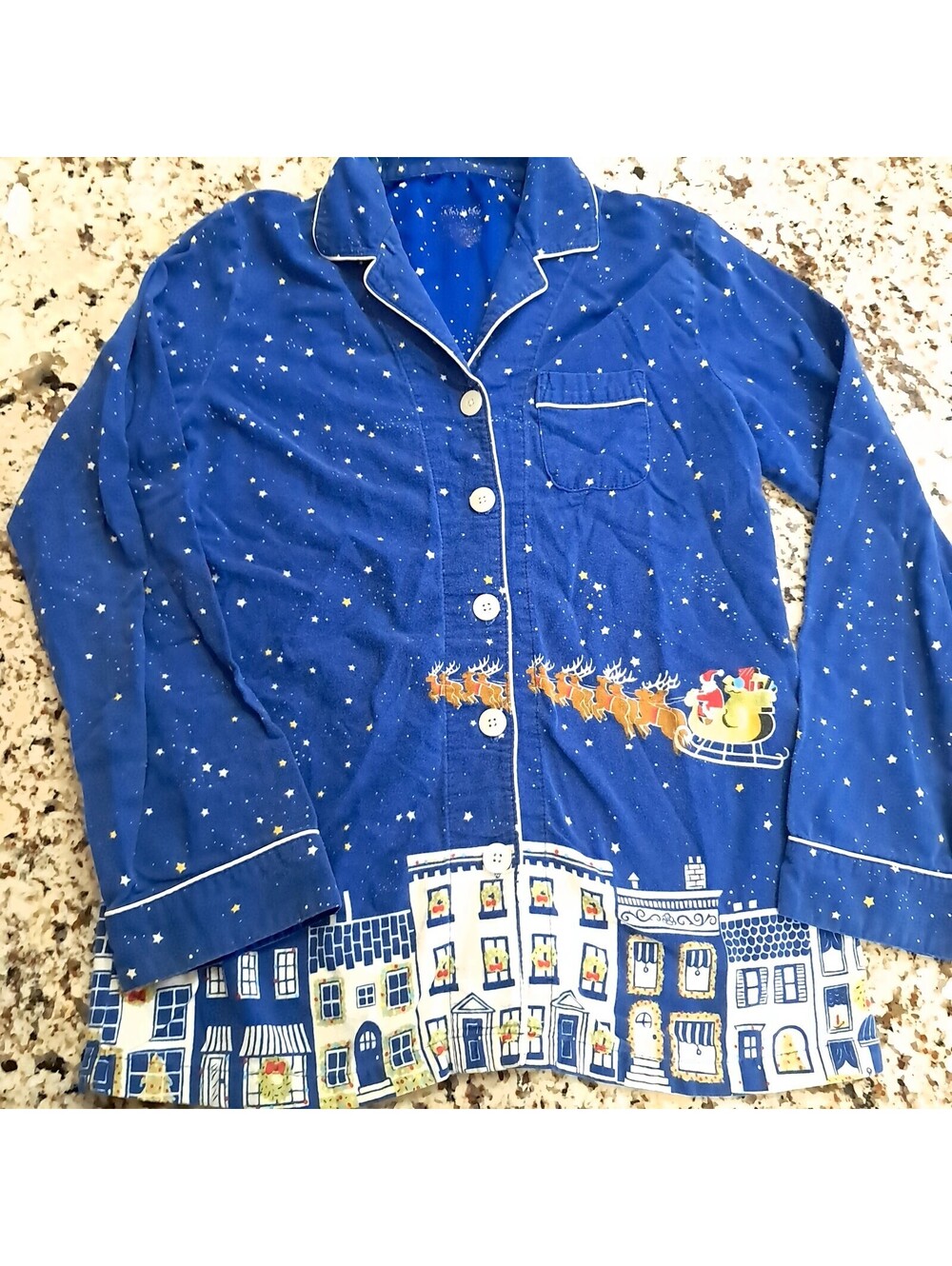 Nick & Nora Pajama top shirt Medium Christmas Blue Flannel Santa Sled Cityscape
